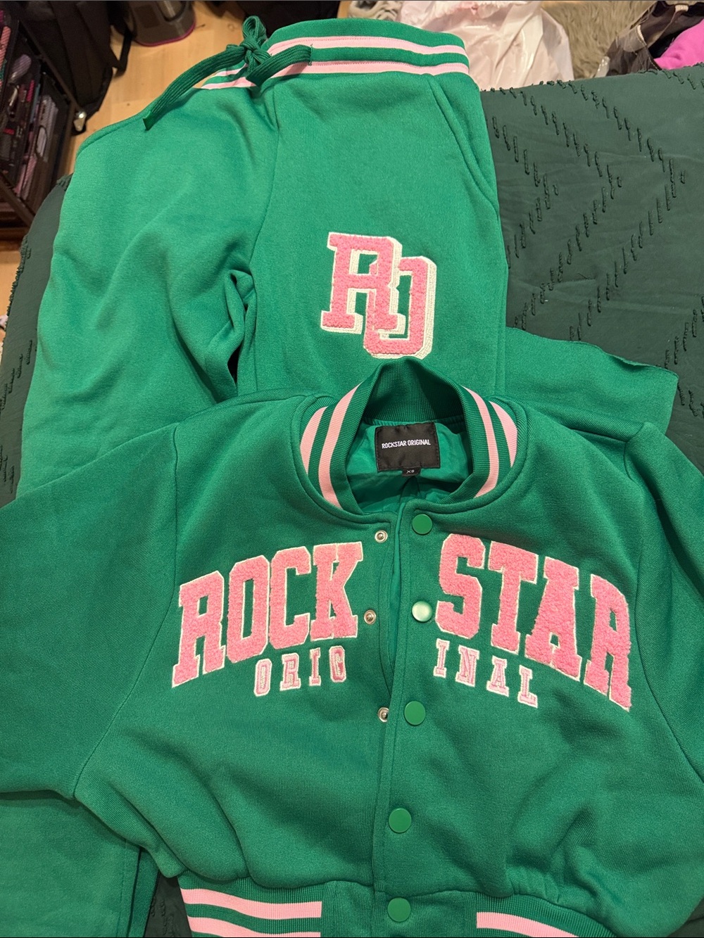 Rockstar Original Kids Green & Pink Varsity Hoodie Jacket